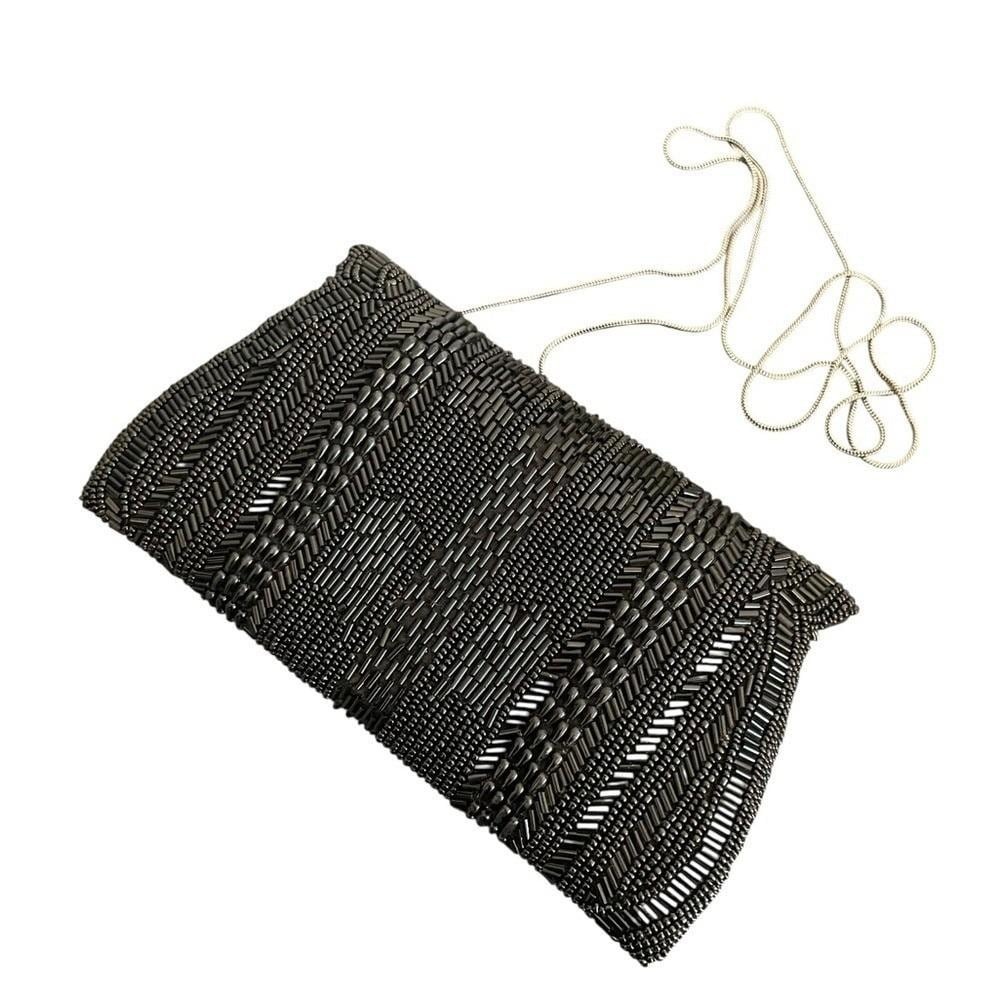 Mary Frances Black Beaded Evening Clutch Bag Silver Snake Chain Strap Art Deco - Picture 2 of 4